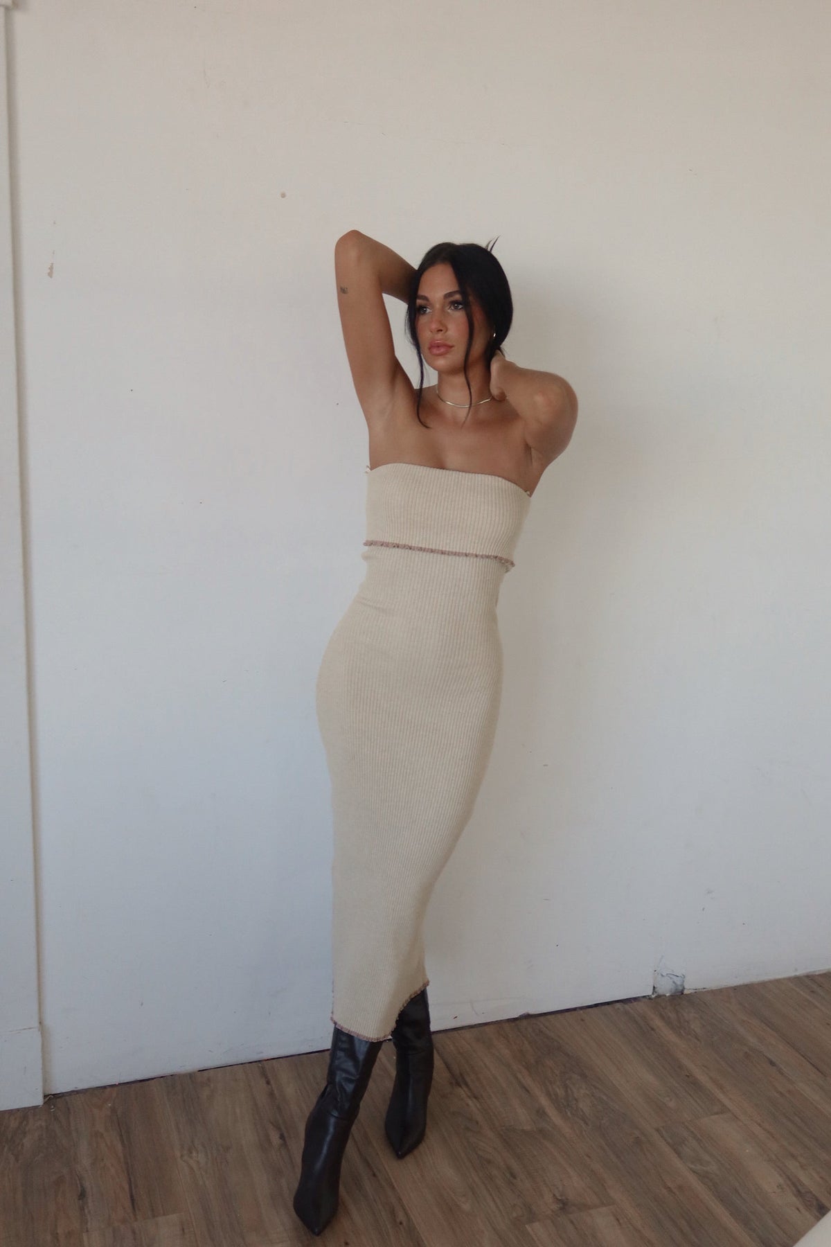 Zelda Sweater Dress with Strapless Neck and Ribbed Knit