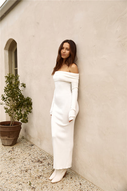Idun Knit Dress with Off-Shoulder Neck and Column Skirt