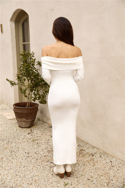 Idun Knit Dress with Off-Shoulder Neck and Column Skirt