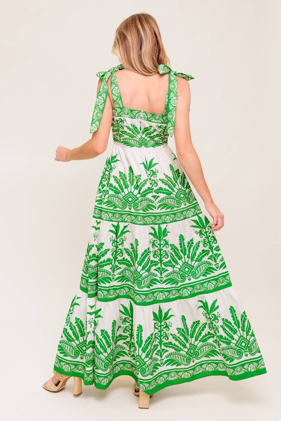 Salome Green Dress with Border Print and Full Skirt