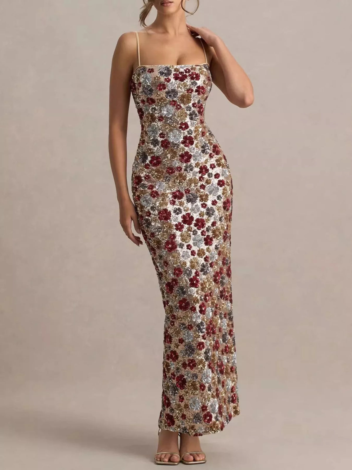 Stefania Sequin Dress with Floral Pattern and High Slit