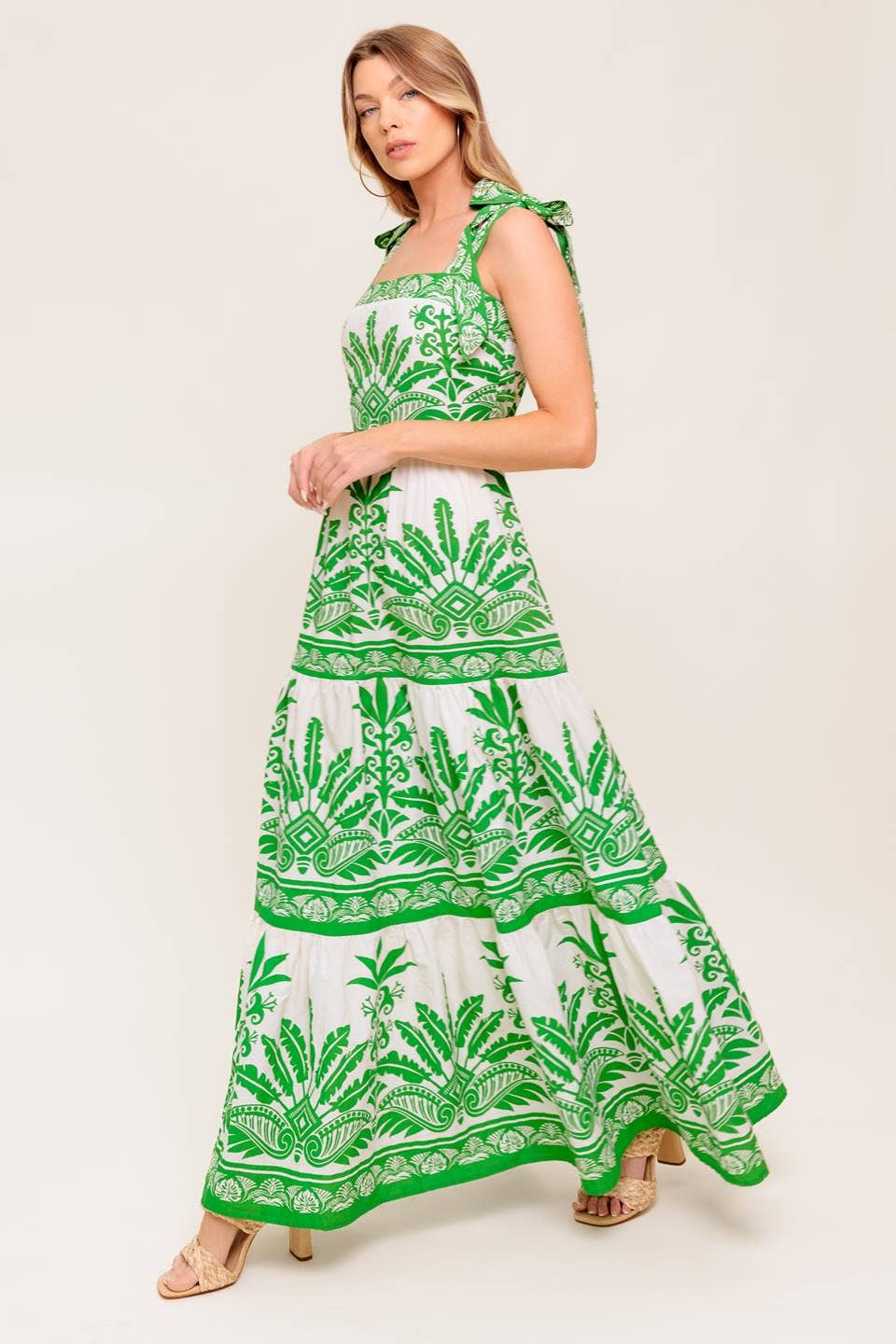 Salome Green Dress with Border Print and Full Skirt