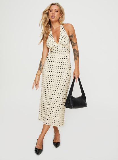 Eva Cream Dress with Polka Dots and Halter Neckline