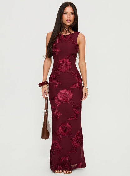 Jara Burgundy Dress with Floral Embroidery and Side Slit