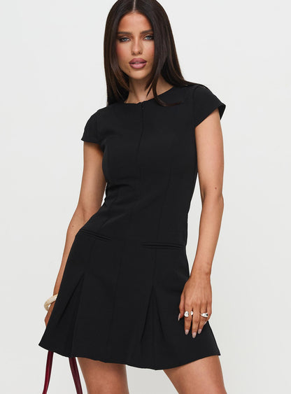 Rosanna Black Mini Dress with Cap Sleeves and Pleated Skirt