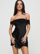 Ida Black Mini Dress with Off Shoulder Neck and Satin Finish