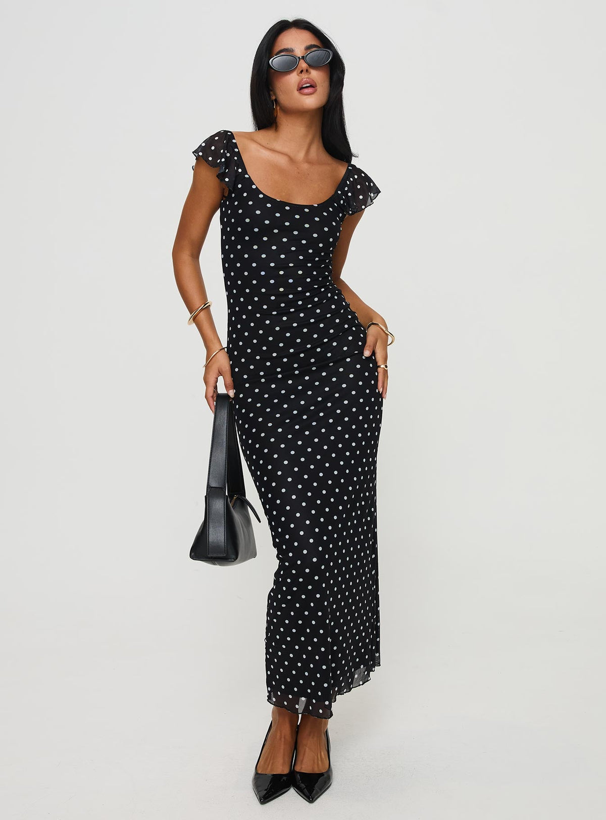 Aderyn Black Dress with Polka Dots and Boat Neckline