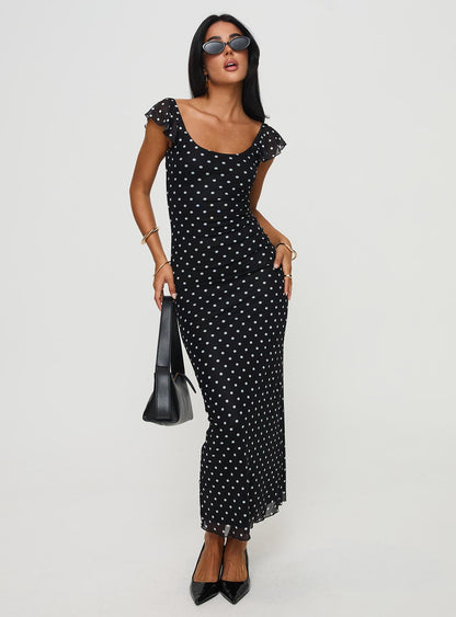 Aderyn Black Dress with Polka Dots and Boat Neckline