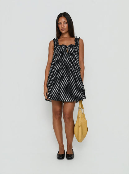 Delphi Black Mini Dress with Polka Dots and Swing Skirt