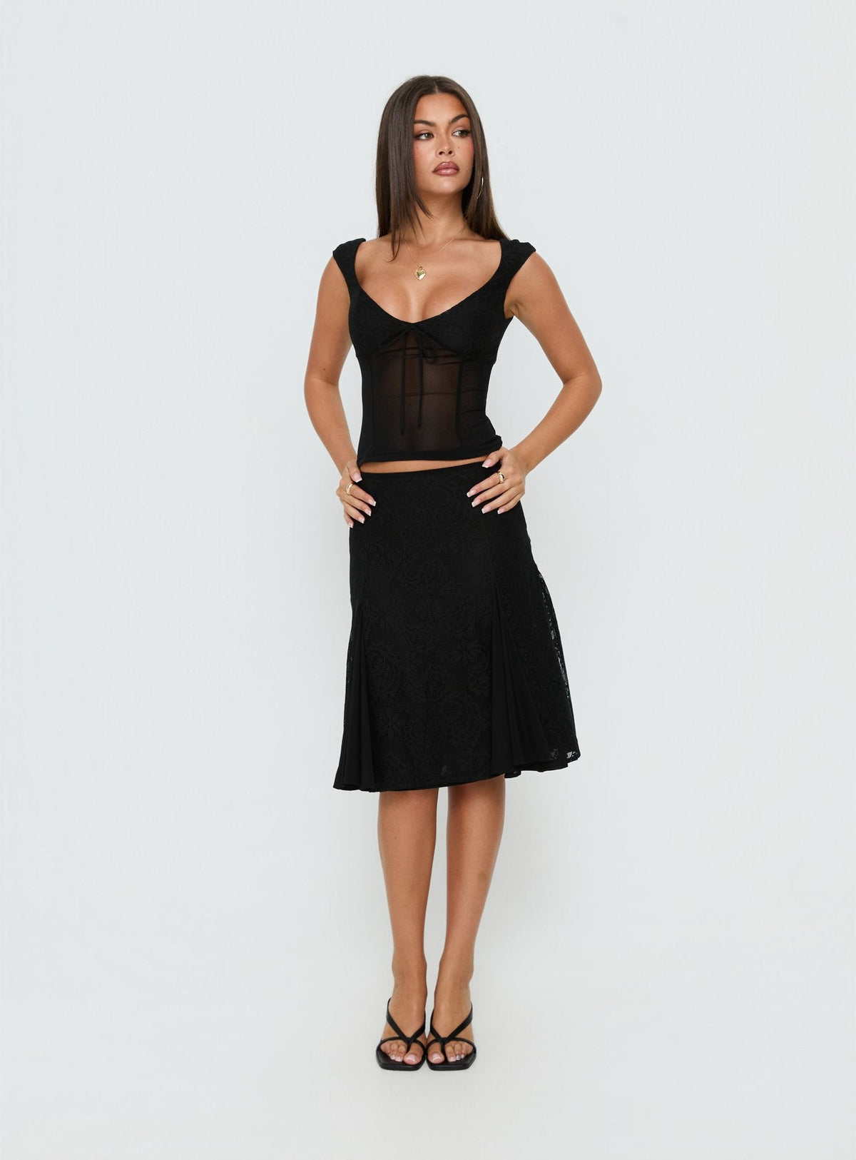 Emmy Black Skirt with Lace Panels and Midi Length