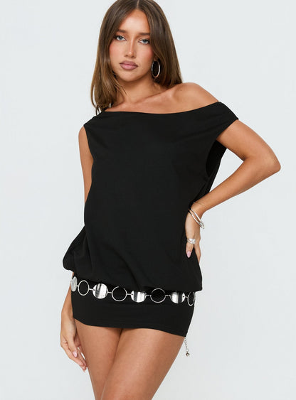 Oriel Black Mini Dress with One Shoulder and Chain Hem