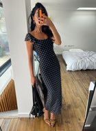 Aderyn Black Dress with Polka Dots and Boat Neckline