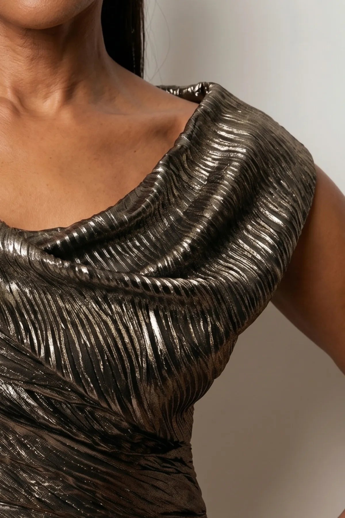 Emmanuelle Cocktail Dress with Cowl Neck and Metallic Sheen