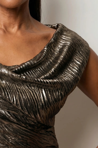 Emmanuelle Cocktail Dress with Cowl Neck and Metallic Sheen