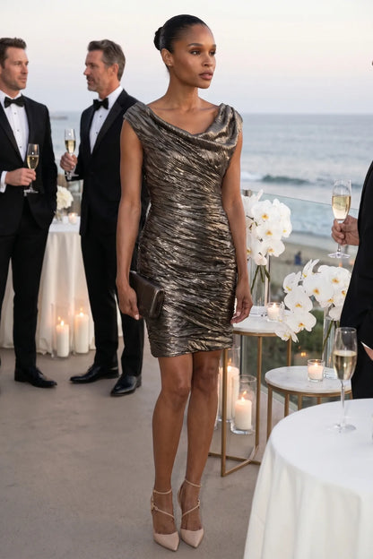 Emmanuelle Cocktail Dress with Cowl Neck and Metallic Sheen