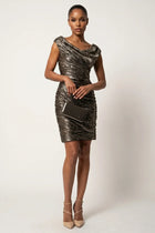 Emmanuelle Cocktail Dress with Cowl Neck and Metallic Sheen