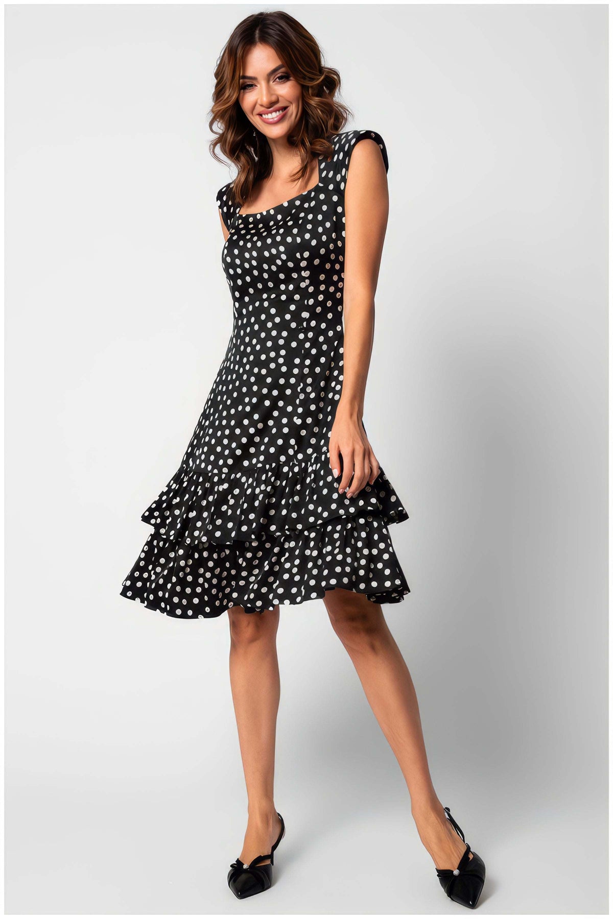 Guinevere Black Dress with Polka Dots and Ruffled Hem
