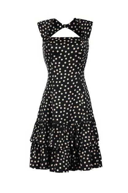 Guinevere Black Dress with Polka Dots and Ruffled Hem