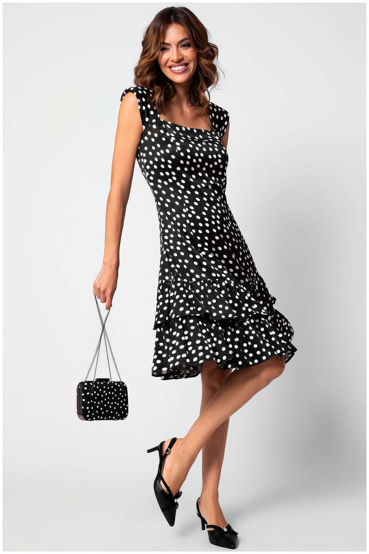 Guinevere Black Dress with Polka Dots and Ruffled Hem