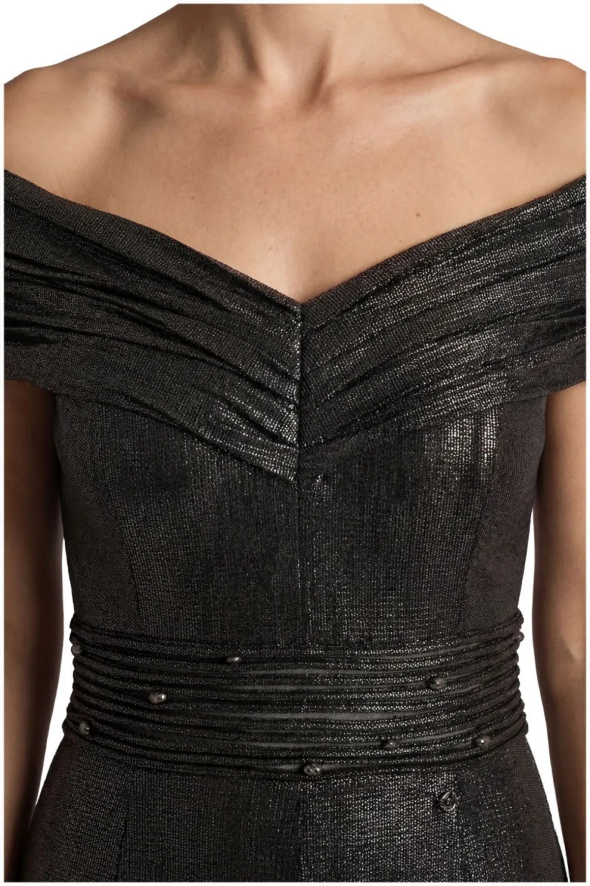 Adeline Evening Gown with Off Shoulder Neck and Satin Sheen