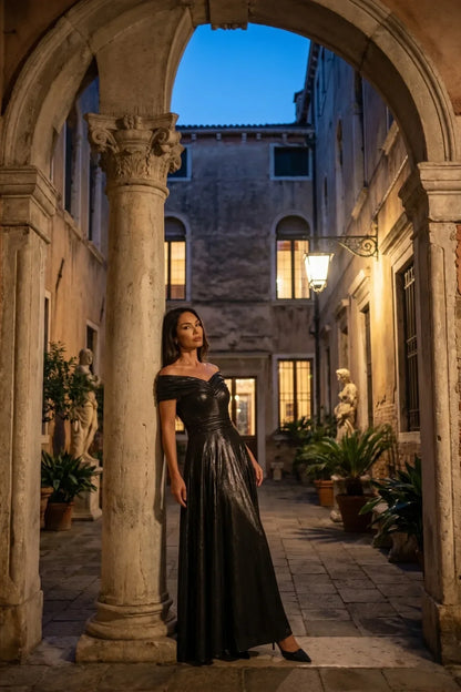 Adeline Evening Gown with Off Shoulder Neck and Satin Sheen