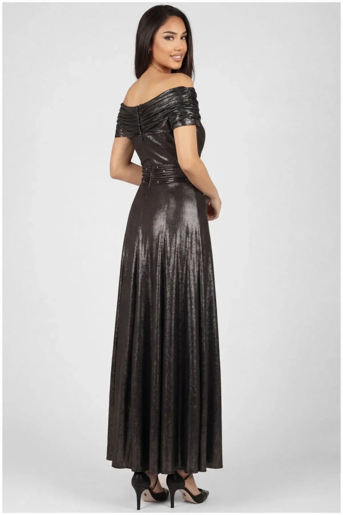 Adeline Evening Gown with Off Shoulder Neck and Satin Sheen