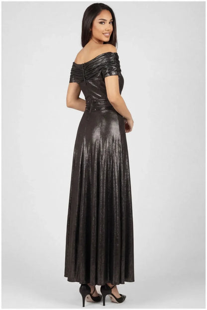 Adeline Evening Gown with Off Shoulder Neck and Satin Sheen