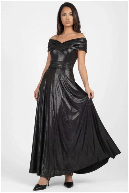 Adeline Evening Gown with Off Shoulder Neck and Satin Sheen