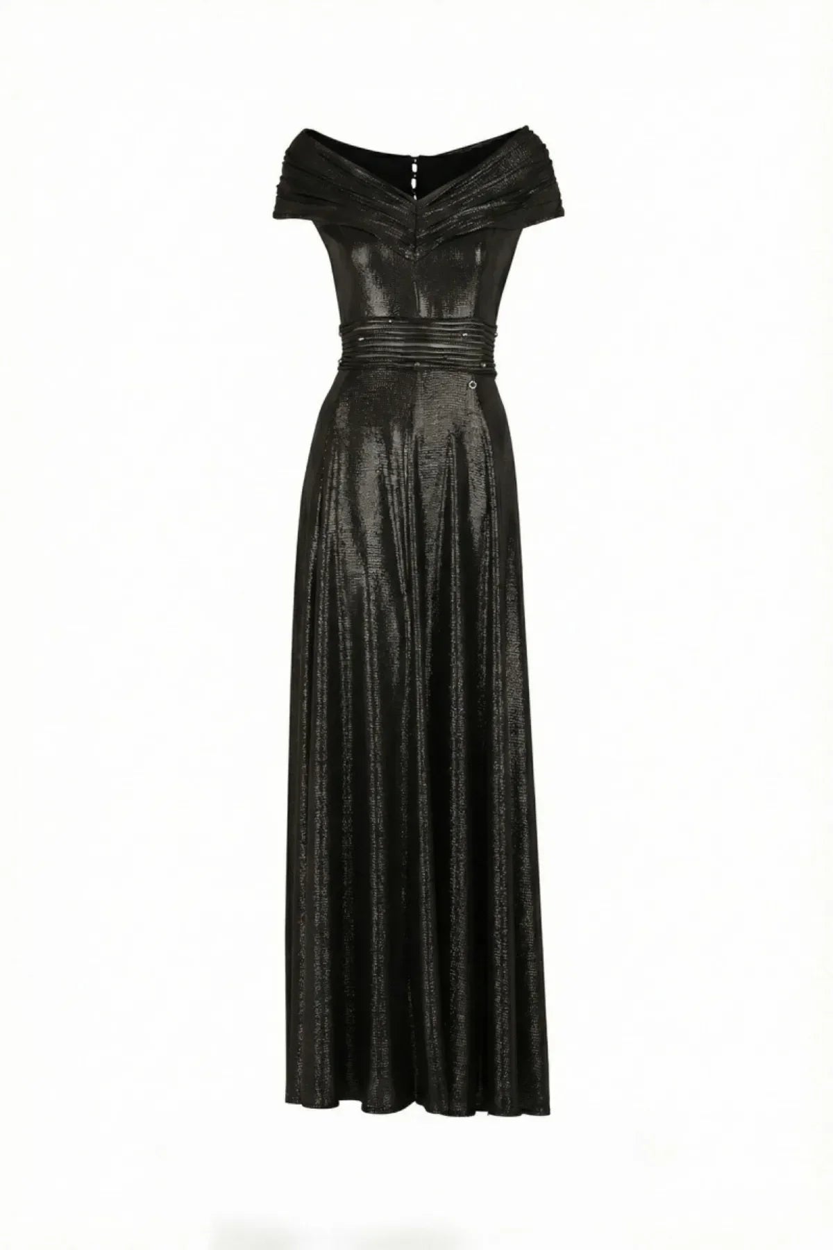 Adeline Evening Gown with Off Shoulder Neck and Satin Sheen