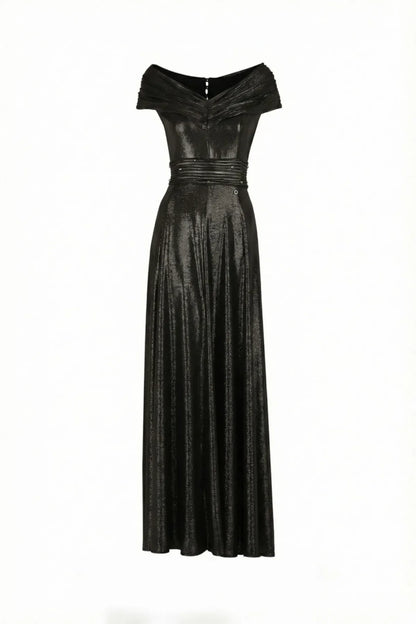 Adeline Evening Gown with Off Shoulder Neck and Satin Sheen