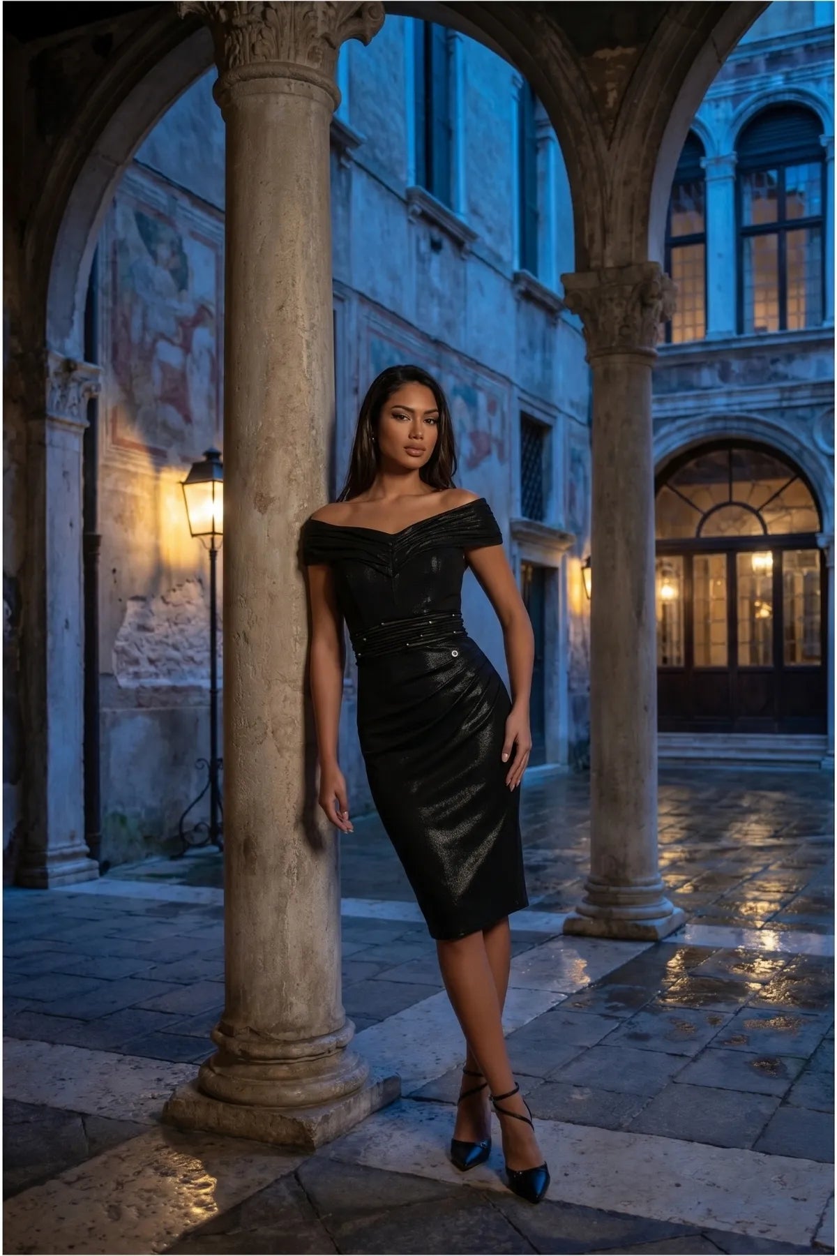 Sidonie Cocktail Dress with Off Shoulder Neck and Ruched Waist