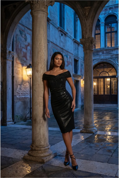 Sidonie Cocktail Dress with Off Shoulder Neck and Ruched Waist