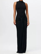Elin Black Dress with Mock Neck and Knot Front