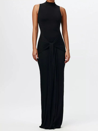 Elin Black Dress with Mock Neck and Knot Front