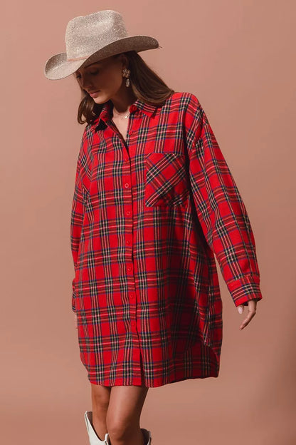 Laurel Red Dress with Tartan Check and Shirt Collar
