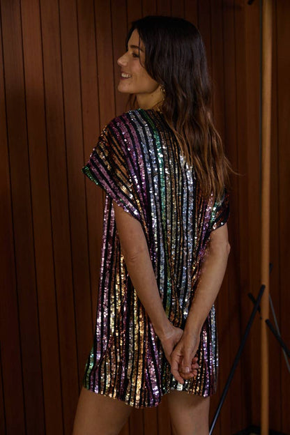Veronique Sequin Dress with Stripe Pattern and Short Sleeves