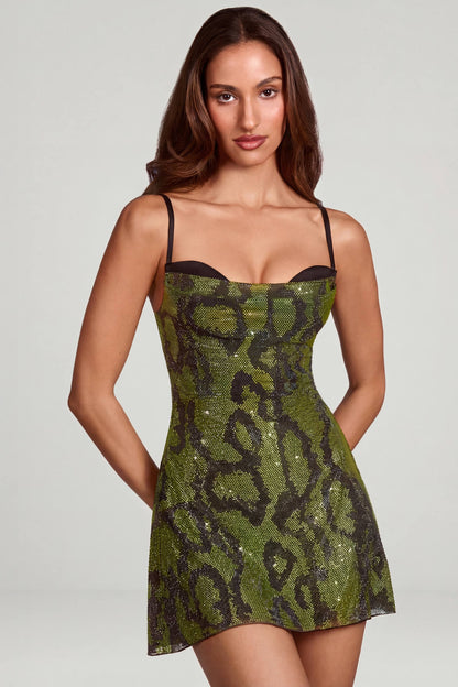 Dove Green Dress with Cowl Neck and Snake Print