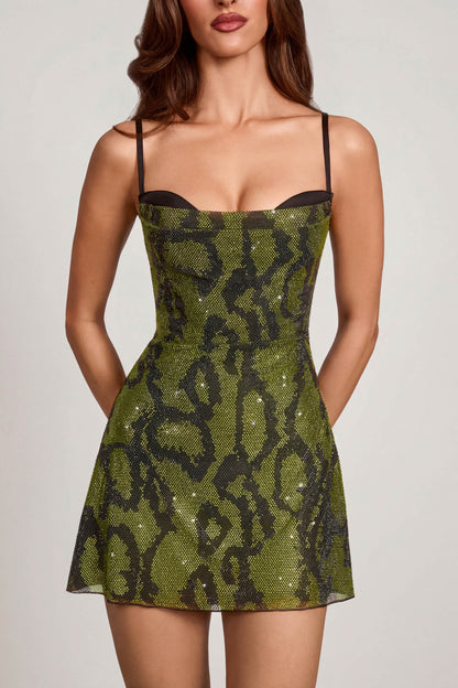 Dove Green Dress with Cowl Neck and Snake Print