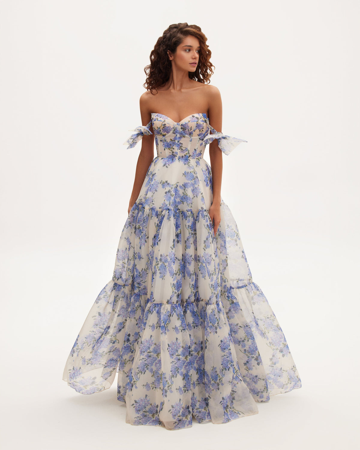 Clarisse Evening Gown with Floral Print and Tie Straps