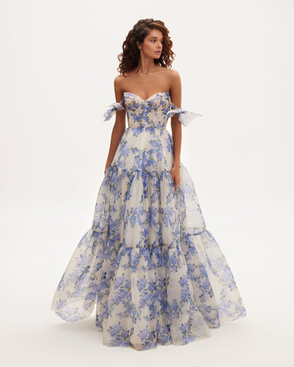 Clarisse Evening Gown with Floral Print and Tie Straps