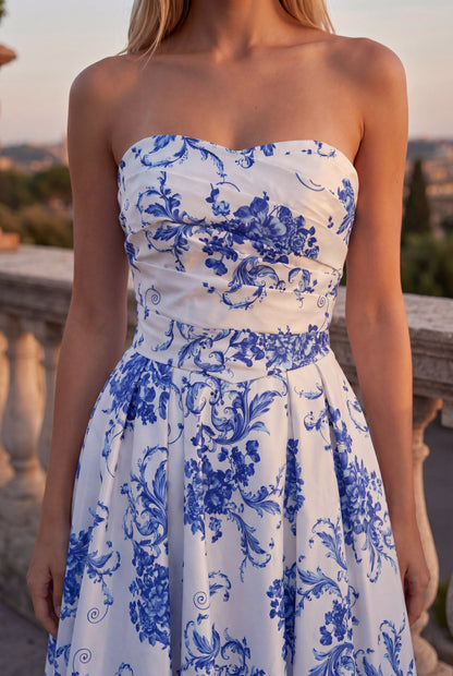 Jewel Formal Gown with Floral Print and Corset Bodice