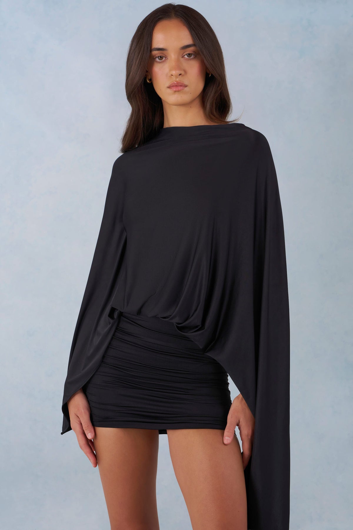 Bettina Black Mini Dress with Draped Cape Sleeves