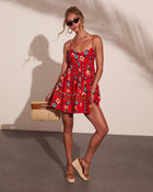 Marigold Red Dress with Floral Print and Button Front