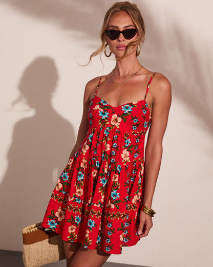 Marigold Red Dress with Floral Print and Button Front