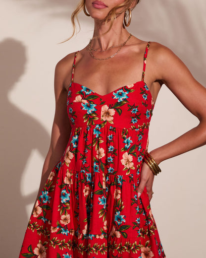 Marigold Red Dress with Floral Print and Button Front