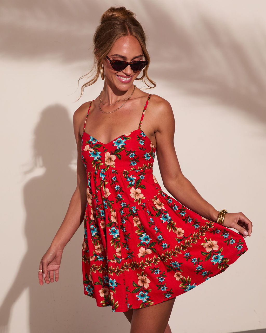 Marigold Red Dress with Floral Print and Button Front