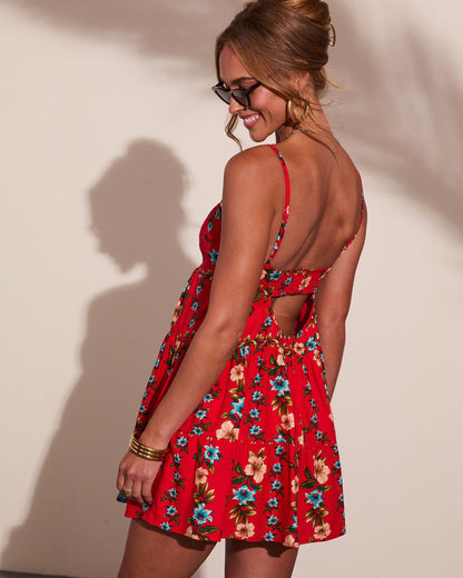 Marigold Red Dress with Floral Print and Button Front