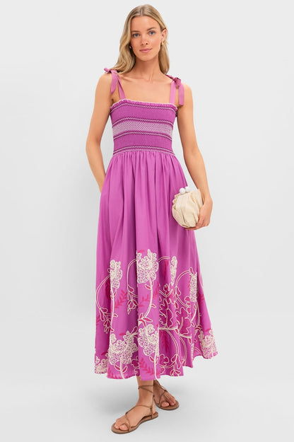 Ariadne Embroidered Floral Dress in Hibiscus Pink