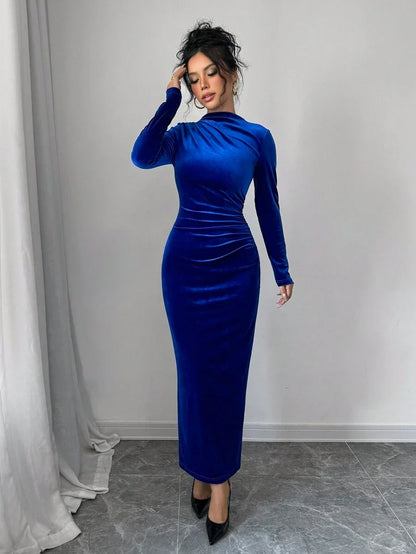 Solange Velvet Dress with High Neck and Ruched Body