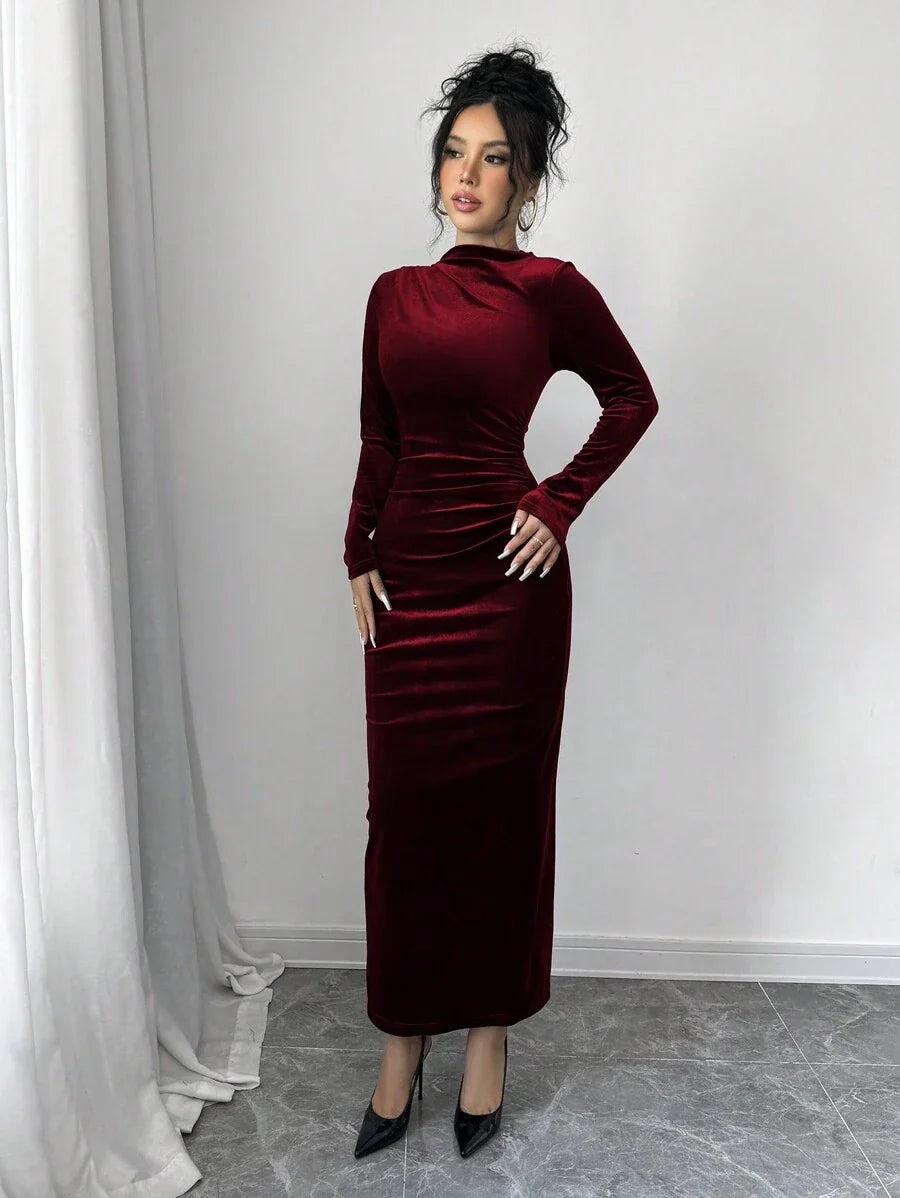 Solange Velvet Dress with High Neck and Ruched Body